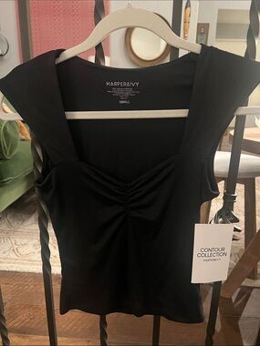 Harper & Ivy Black Ruched Front Cap-Sleeve Camisole